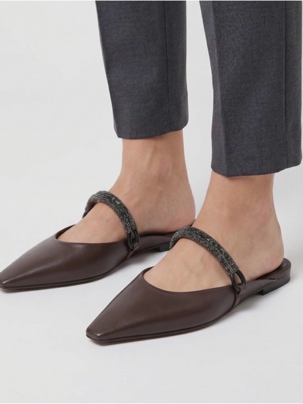 Brunello Cucinelli Chocolate Brown Pointed Slip-On Mules with Embellished Strap